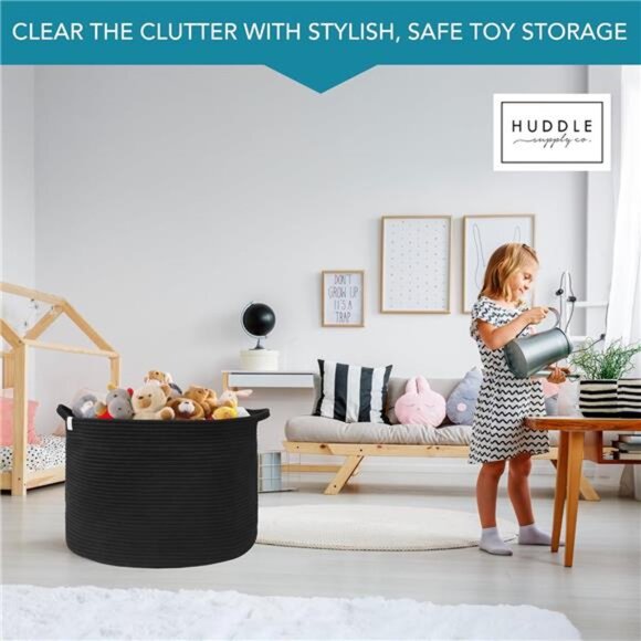 Extra Large Black Woven Basket 2 Pack Blanket Toy Laundry Storage Baskets - Picture 2 of 7